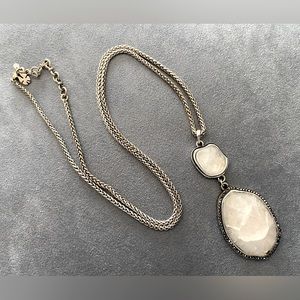 Quartz & Hematite Pendant w/Antiqued Silver-tone Long Chain